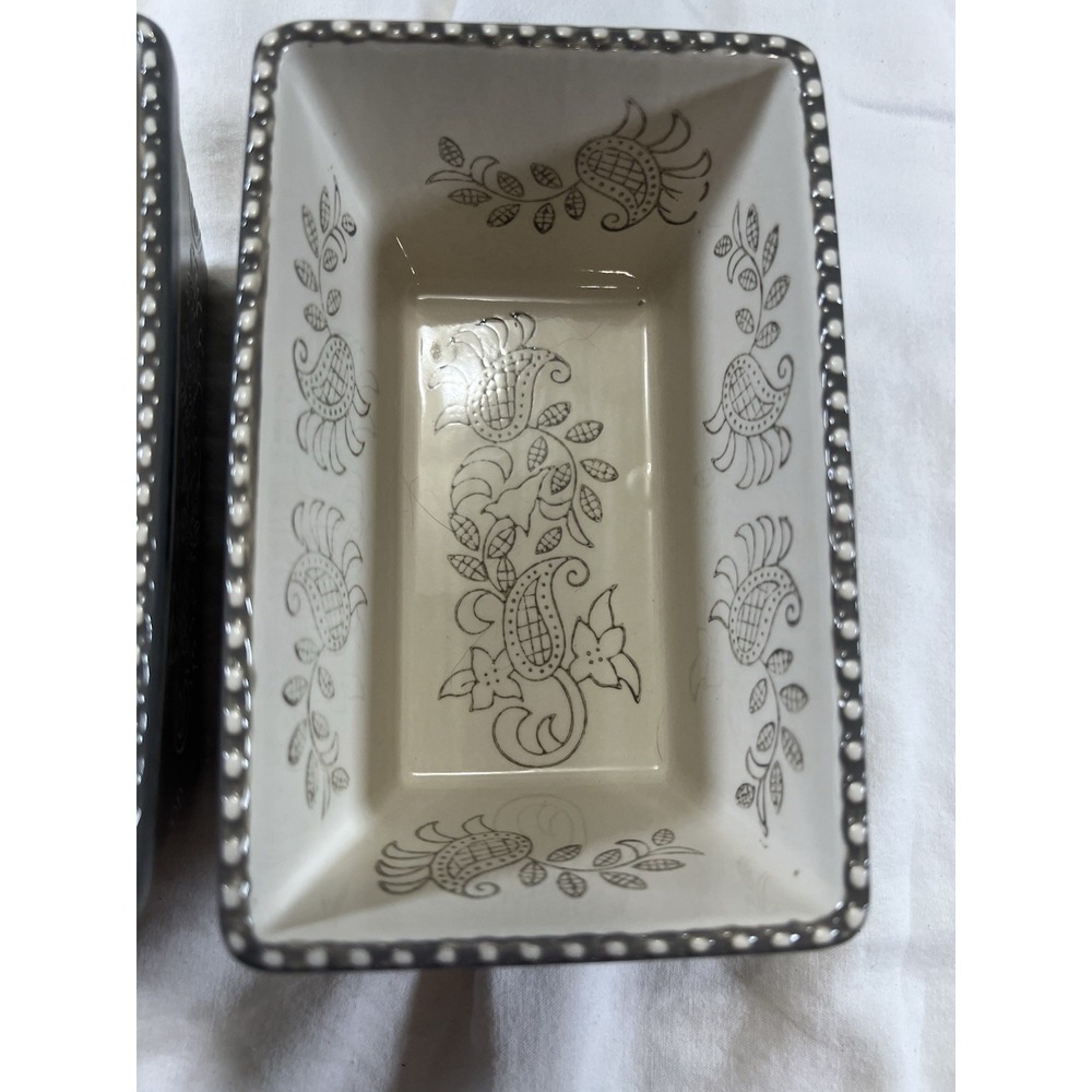 Baum Gray Floral Stoneware Mini Loaf Pans Set of‎ 2 Oven Safe Beaded Rim Modern - Picture 4 of 11